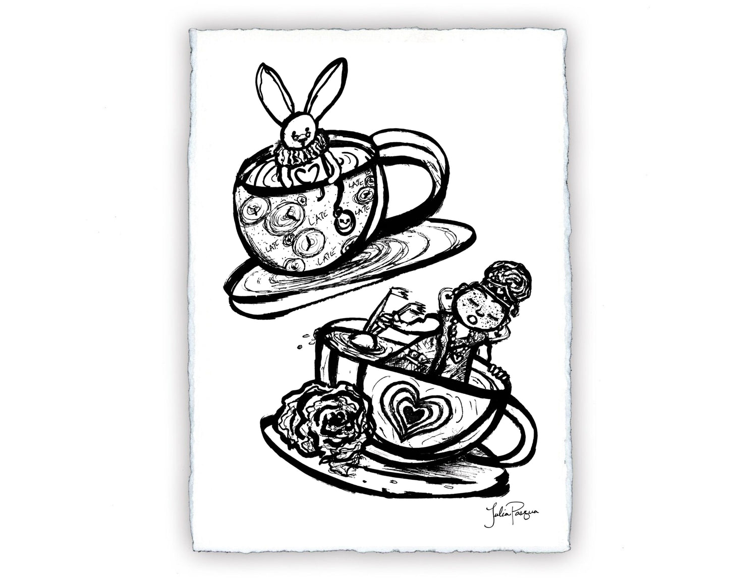 White Rabbit and Queen of Hearts in TeaCups, 8 x 10