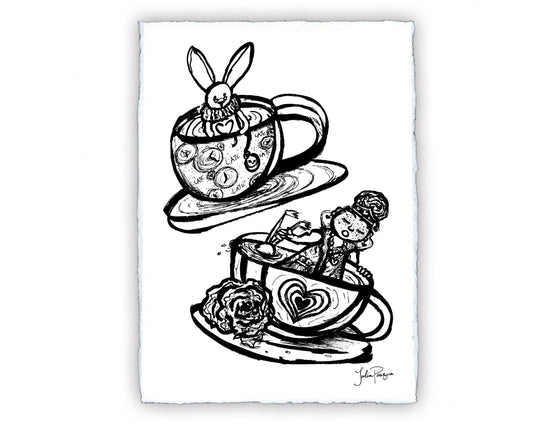 White Rabbit and Queen of Hearts in TeaCups, 8 x 10
